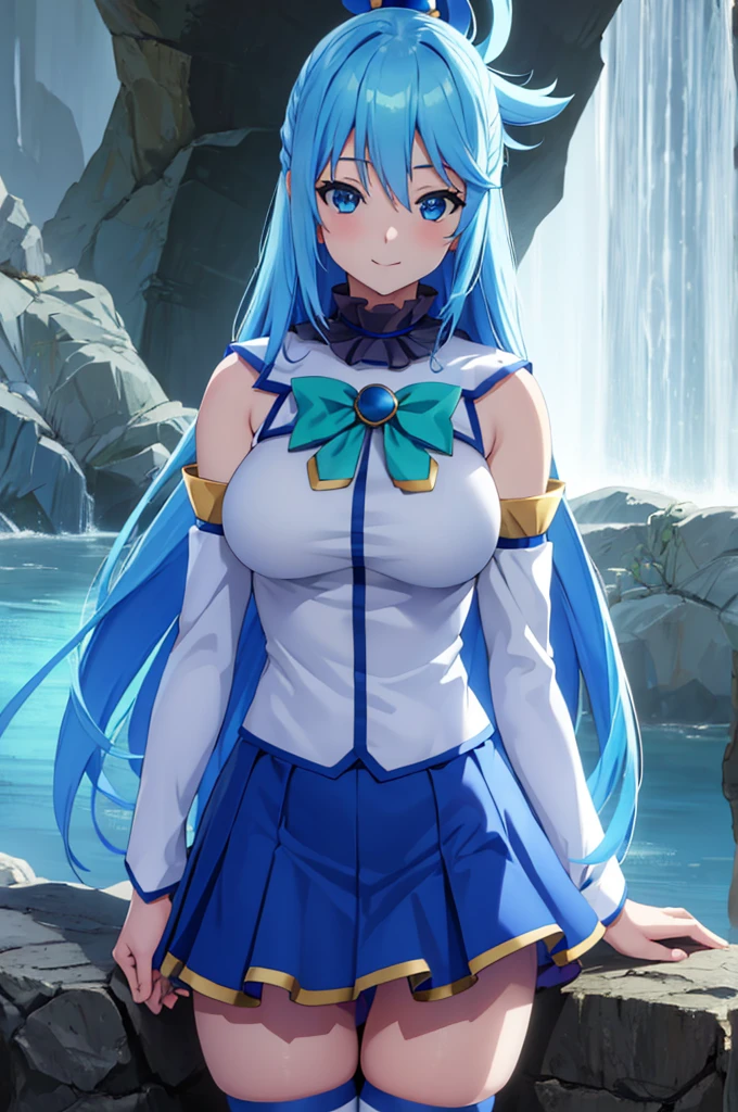 (masterpiece:1.3), (best quality:1.1), (8k, ultra detailed, ultra high res:1.2), ((anime style)), perfect 5 fingers, perfect anatomy, 
1girl,
Aqua \(konosuba\),
long hair, single hair ring, 
blue hair, 
(blue eyes:1.2), (beatiful detailed eyes:1.2), smile, ((mystical atmosphere)), 
green bow, 
medium breasts, 
BREAK blue shirt, blue skirt, white thighhighs, bare shoulders, detached sleeves, 
looking at viewer, 
cowboy shot, 
natural light, 