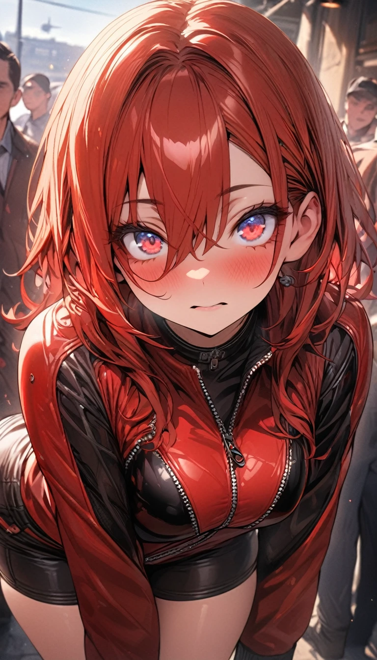 (masterpiece), (best quality), highly detailed, HDR, 1 girl, solo focus, leather curves, black and red Sports jacket, shorts, perfect face, long red hair, puffy face, beautiful face, big eyes, puffy eyes , perfect eyes, eyelashes, Very detailed face,