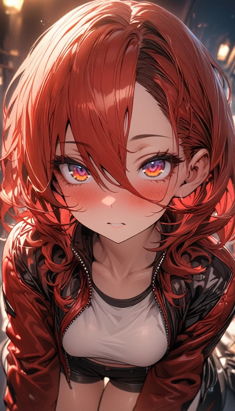 (masterpiece), (best quality), highly detailed, HDR, 1 girl, solo focus, leather curves, black and red Sports jacket, shorts, perfect face, long red hair, puffy face, beautiful face, big eyes, puffy eyes , perfect eyes, eyelashes, Very detailed face,