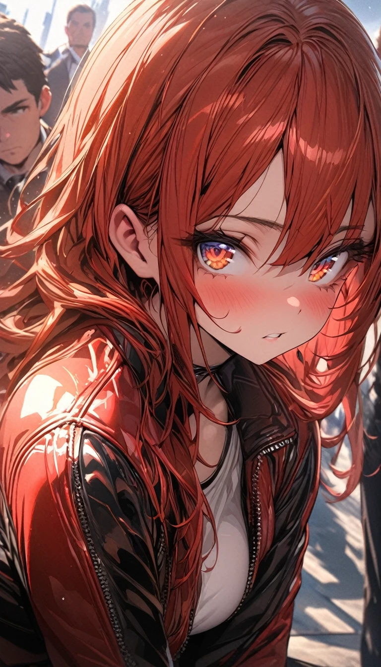 (masterpiece), (best quality), highly detailed, HDR, 1 girl, solo focus, leather curves, black and red Sports jacket, shorts, perfect face, long red hair, puffy face, beautiful face, big eyes, puffy eyes , perfect eyes, eyelashes, Very detailed face,