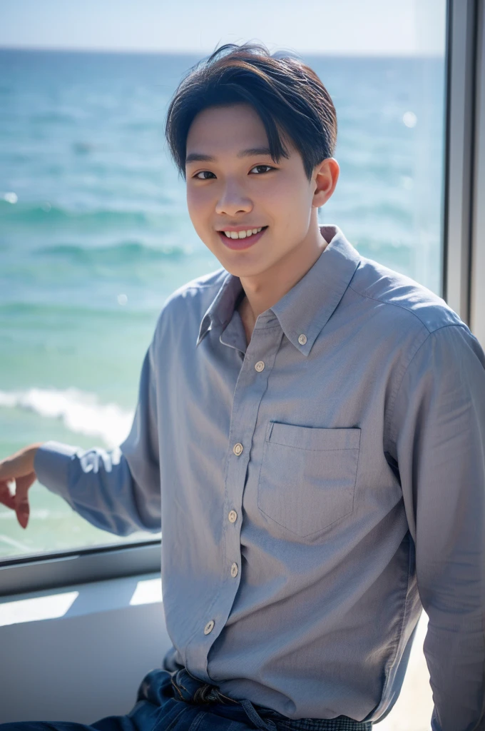 ((Highest quality, 8K, Masterpiece: 1.3))、Thailand Laos Burma Asia, Thai man, A handsome Asian rugby player with short hair, a muscular beard, and big muscles., 1A man who has、 yo、Good appearance、Beautiful nose、smile、 Detailed eyes and face、beautiful light、(studio)、high resolution、(Look at the viewer.)、Fine mouth、smile、whole body: 1.5, perfect shape: 1.3, looking at camera ,Gray button-down shirt , bedroom sunlight looking at the sea