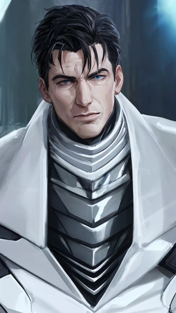 John Barrowman, male supervillain, black hair, blue eyes, smirk, white skin, sexy, (best quality,4k,8k,highres,masterpiece:1.2),ultra-detailed,(realistic,photorealistic,photo-realistic:1.37),superhero,evil,villainous,intense gaze,detailed facial features,dramatic lighting,dark and moody atmosphere,chiaroscuro,cinematic,portrait