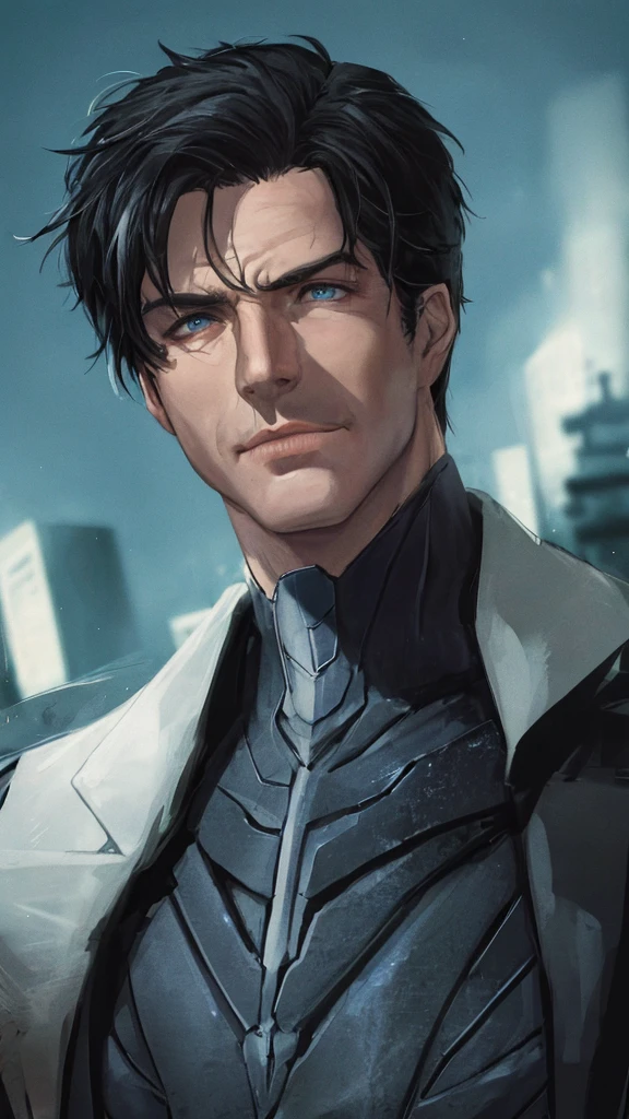 John Barrowman, male supervillain, black hair, blue eyes, smirk, white skin, sexy, (best quality,4k,8k,highres,masterpiece:1.2),ultra-detailed,(realistic,photorealistic,photo-realistic:1.37),superhero,evil,villainous,intense gaze,detailed facial features,dramatic lighting,dark and moody atmosphere,chiaroscuro,cinematic,portrait