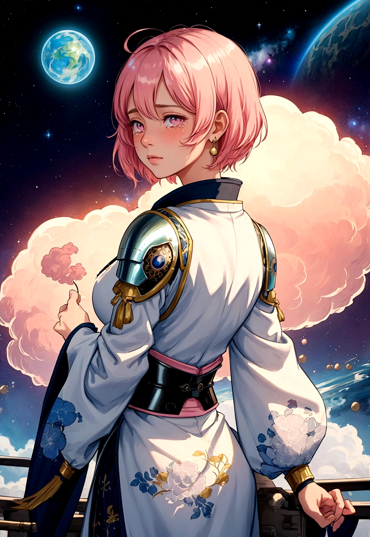 tears,space travel,lhe background is a beautiful universe. Steam Locomotive Journey,This is an illustration of an animated female character with short cut pink hair shedding tears as she looks back. She wears a costume that mixes traditional Japanese clothing and armor with delicate and beautiful lace.The background is a beautiful universe. This work is attractive in its vivid colors and fantastic atmosphere.