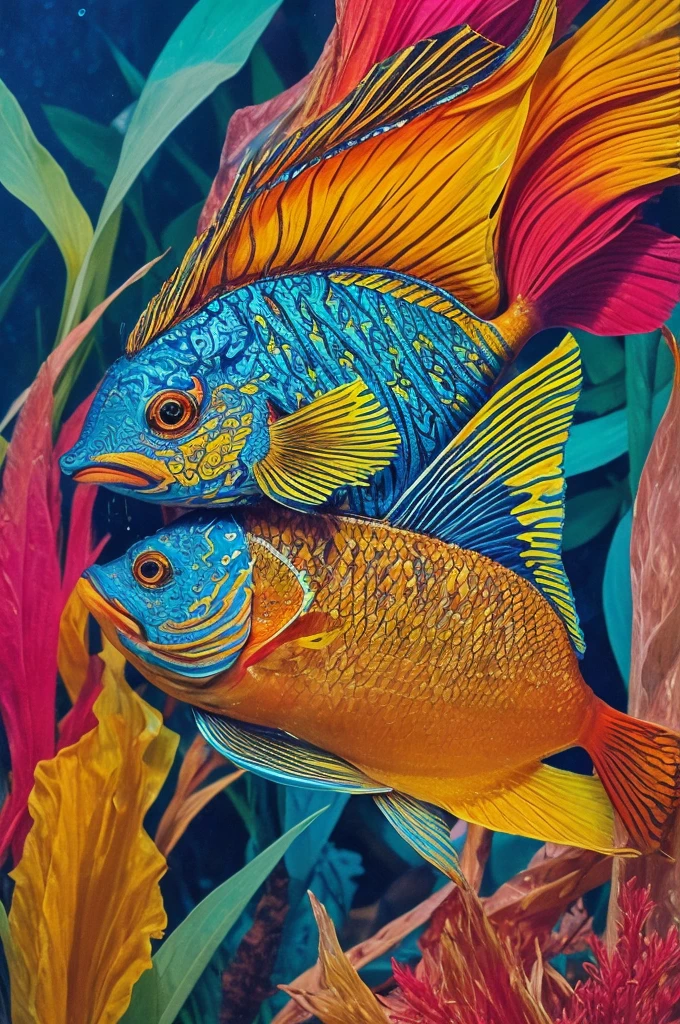 A vibrant 2D illustration of a single One Piece-themed fish, designed with intricate, colorful, and detailed styles similar to the provided images. The fish should have unique, fantastical designs inspired by the One Piece universe, incorporating elements like exaggerated features, bold colors, and intricate patterns. Include dynamic elements such as water splashes and bubbles to create a sense of motion and life. The background should be simple yet effective, featuring subtle hints of underwater elements like bubbles and light rays to highlight the fish without overpowering it.