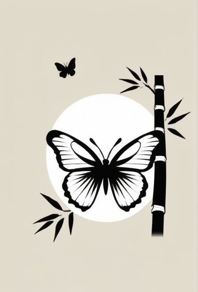 Japanese label logo, Japanese style flower garden, etc.、Old Japanese traditional streetscape、Slipping through the gaps、The logo butterfly, which looks like it is flying, is hidden by bamboo leaves, etc. The angle of the shot is a bit diagonal.、Japanese-style design Cool Japanese taste such as shrines Chic and modern design Monotone background is pure white