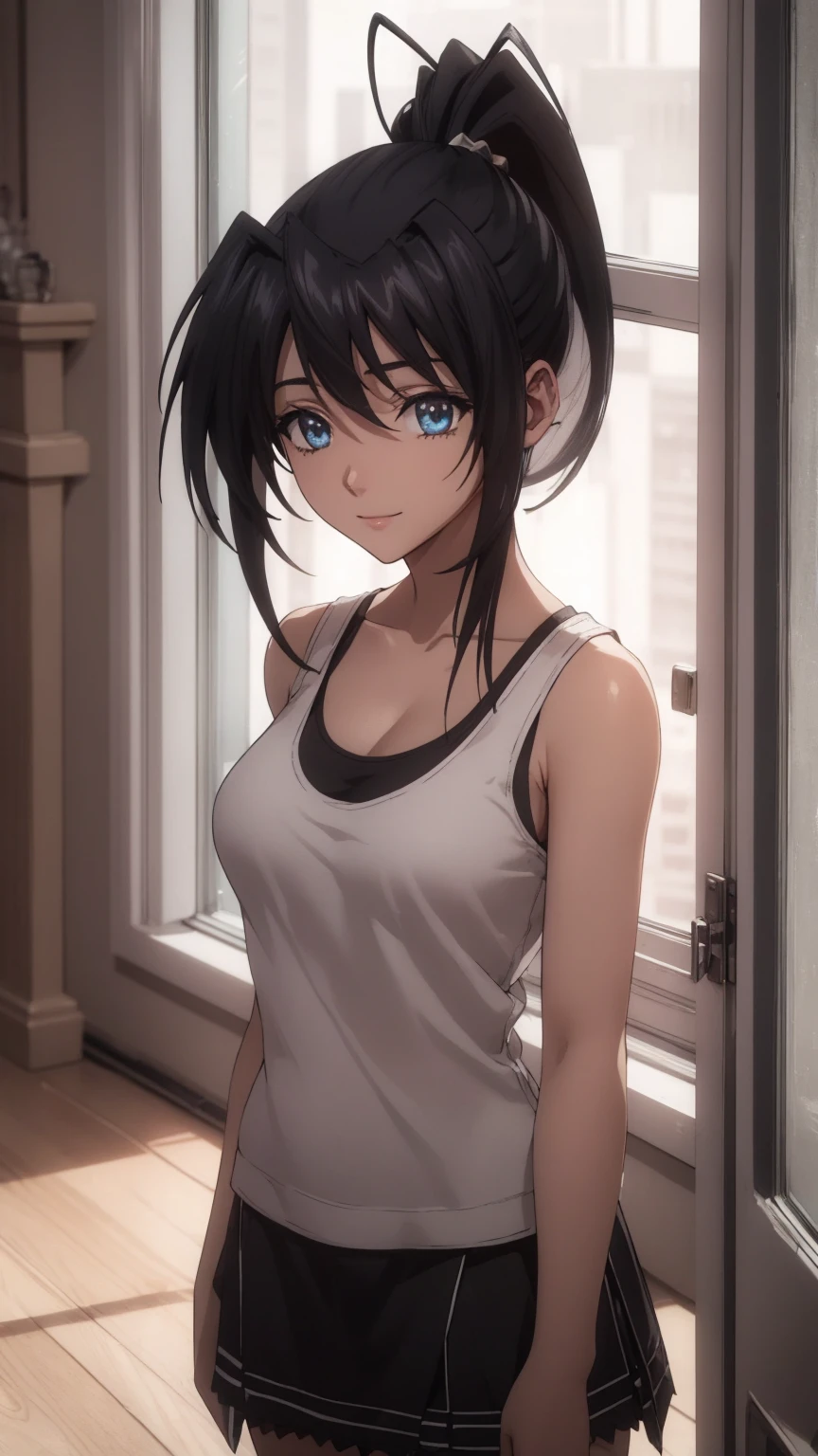 cleavage, Akeno Himejima,eft_dxd_akeno,16 HD, ponytail,
BREAK (white tank top, black miniskirt:1.2)
BREAK indoors, classroom,
BREAK cowboy shot, light smile, arm behind back,
BREAK (masterpiece:1.2), best quality, high resolution, unity 8k wallpaper, (illustration:0.8), (beautiful detailed eyes:1.6), extremely detailed face, perfect lighting, extremely detailed CG, (perfect hands, perfect anatomy),