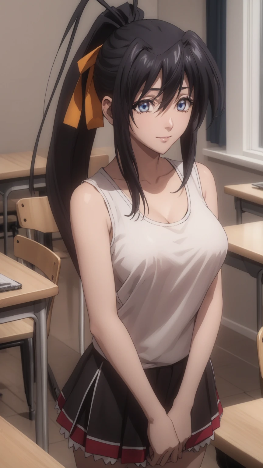 cleavage, Akeno Himejima,eft_dxd_akeno,16 HD, ponytail,
BREAK (white tank top, black miniskirt:1.2)
BREAK indoors, classroom,
BREAK cowboy shot, light smile, arm behind back,
BREAK (masterpiece:1.2), best quality, high resolution, unity 8k wallpaper, (illustration:0.8), (beautiful detailed eyes:1.6), extremely detailed face, perfect lighting, extremely detailed CG, (perfect hands, perfect anatomy),