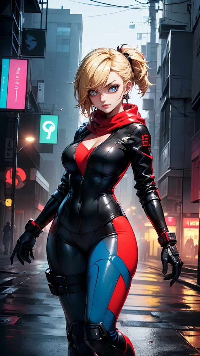 top-quality、Top image quality、masterpiece、evil girl with((18year old、Red, black and blue glowing cyber suit, falda corta, blonde hair streaked with lots ofred, black and blues hihlights, mystical,、Shining Cyber White Hoodie、Best Bust、Bust 90、Blonde Away Tail、Red Eyes、Valley、A slender、 insane smile、Red Face tattoo Paint、Black scarf、Reflecting the whole body, vampiric aura、Slouch action))hiquality、Beautiful Art、Background with((nightcity、cyberpunked、nightclubasutepiece、Elaborate design、visualart fullbody shot, cowboy shot