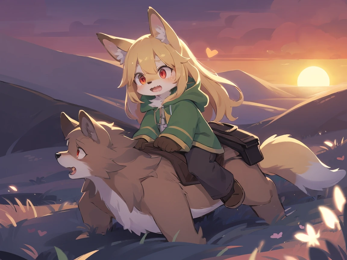 the fox, , was hairy, shaggy, skin fur, smooth lashes, golden fur, forelimb hands, straight long blonde hair, solid circle eyes, golden ears, golden fur, golden facial fur, shiny hair, red eyes, heart-shaped eyes, super cute face, 1fox tail, fluffy tail, furry tail, glowing eyes, green coat green hood down, brown trousers, riding the wolf, open mouth, pain face, embarrassed, ambient light, ultra-fine fur, dashed eyes, full body, masterpiece, high quality, high-details, best quality, (((solo))), twilight, sun light, red sky, rim light