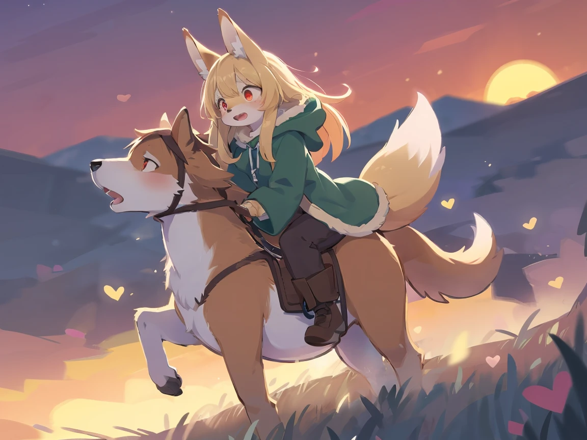 the fox, , was hairy, shaggy, skin fur, smooth lashes, golden fur, forelimb hands, straight long blonde hair, solid circle eyes, golden ears, golden fur, golden facial fur, shiny hair, red eyes, heart-shaped eyes, super cute face, 1fox tail, fluffy tail, furry tail, glowing eyes, green coat green hood down, brown trousers, riding the wolf, open mouth, pain face, embarrassed, ambient light, ultra-fine fur, dashed eyes, full body, masterpiece, high quality, high-details, best quality, (((solo))), twilight, sun light, red sky, rim light