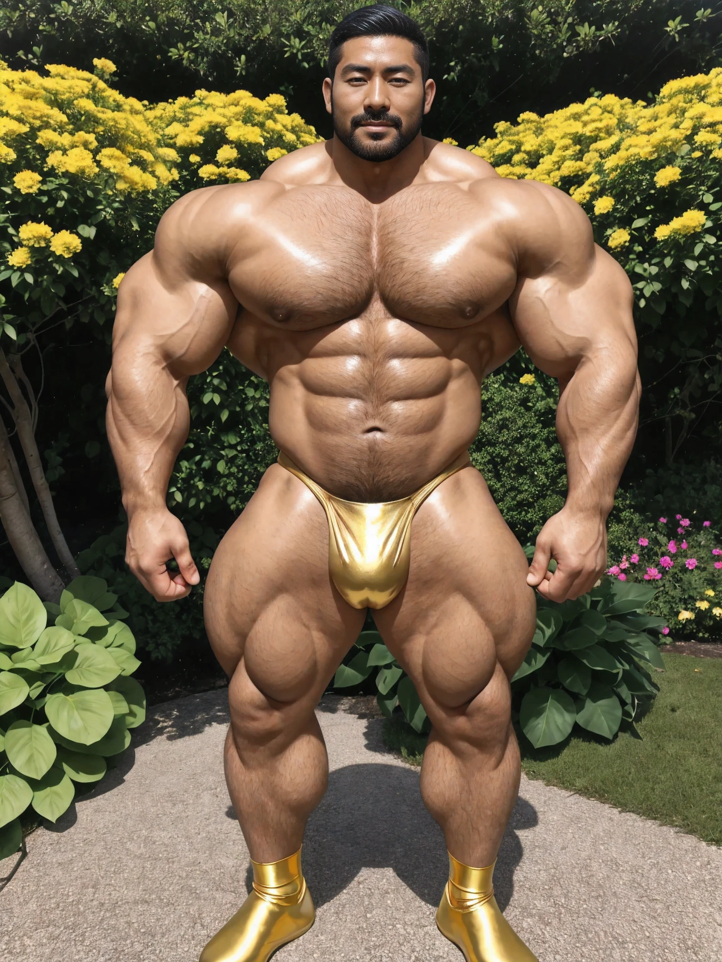 There is only one handsome Asian actor in the photo,35 years old,High target, Fitness,short hair, O-Shaped Beard,Perfect body, Dark skin color,Radiant Skin,Smooth skin,Shiny, shiny skin,Smooth pectoral muscles,No chest hair,No body hair,Muscle bulge, muscular, Very large pectoral muscles,Very sexy abdominal muscles,Very well-developed leg muscles,Huge concave and convex area,Brightens oily skin,Wearing a shiny gold leather thong,Handsome face,Wear shiny gold leather socks,Correct and accurate male body proportions, Stand among the flowers,There were a lot of flowers,Green Plants。