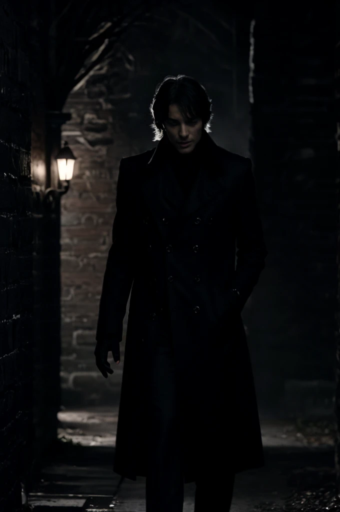 "Damon Salvatore, with his timeless allure as a vampire, stands in a secluded alley bathed in moonlight. His dark, tousled hair contrasts sharply against his pale complexion, giving him an ethereal appearance. Damon's eyes, a mesmerizing shade of blue, reflect the silver light as he gazes into the distance with a hint of melancholy. His attire is stylish yet classic, featuring a tailored black coat that billows slightly in the night breeze. A brooding intensity lingers in his expression, embodying both danger and allure. Behind him, the shadows of the alleyway enhance his supernatural aura, casting mysterious shapes and textures on the ancient brick walls. Damon's stance exudes centuries of experience and sophistication, a vampire who walks the line between darkness and desire with irresistible charisma."






