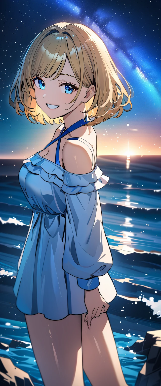 ((grin)), 風が強い, ((off-shoulder dress:1.3, criss-cross halter)), ((sundress)), ((cleavage)), ((blond hair, bob cut:1.3)), ((sunglasses, hand to sunglasses)), (((from side))), ((((upper body)))), bare legs, (()), (((a beautiful starry sky, the Milky Way shining beautifully in the night))), ((standing on the very high cliff)), wavy hair, inward curled hair, ((sea, nature)), breasts, teenager, (looking at viewer), puffy long sleeves, collarbone, head tilt:1.3, (((blue eyes))), happy smile, (((anime style))), (best quality, 4K, 8K, highres, masterpiece:1.2, ultra-detailed, ultra-detailed eyes, HDR, uhd, studio lighting, ultra-fine painting, sharp focus, physically-based rendering, extreme detail description, professional, vivid colors, bokeh)