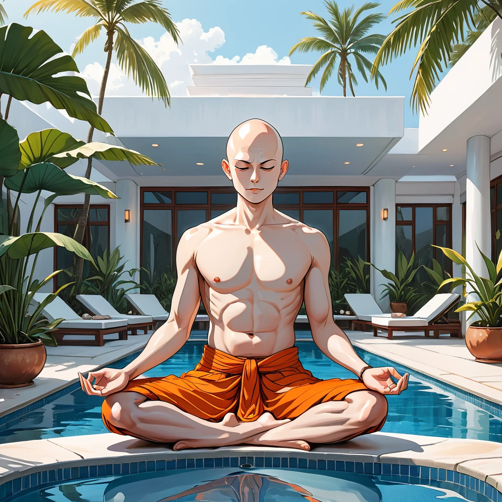 blind Buddhist monk sitting in lotus position next to the pool at the white hotel, tropical, palm, white hotel, pool, round face, white eyes, no eyebrows, no hair, bald, paw-eared, round cheeks, narrow lips, man, white sclera eyes, Whitewash Eyes, ((orange Kashaya)), graphic style of novel comics, perfect hands, 2d,
8k, hyperrealism, masterpiece, high resolution, best quality, ultra-detailed, super realistic, Hyperrealistic art, high-quality, ultra high res, highest detailed, lot of details, Extremely high-resolution details, incredibly lifelike, colourful, soft cinematic light,
