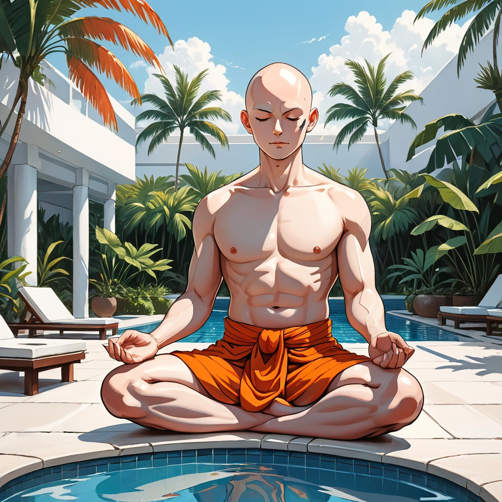 blind Buddhist monk sitting in lotus position next to the pool at the white hotel, tropical, palm, white hotel, pool, round face, white eyes, no eyebrows, no hair, bald, paw-eared, round cheeks, narrow lips, man, white sclera eyes, Whitewash Eyes, ((orange Kashaya)), graphic style of novel comics, perfect hands, 2d,
8k, hyperrealism, masterpiece, high resolution, best quality, ultra-detailed, super realistic, Hyperrealistic art, high-quality, ultra high res, highest detailed, lot of details, Extremely high-resolution details, incredibly lifelike, colourful, soft cinematic light,
