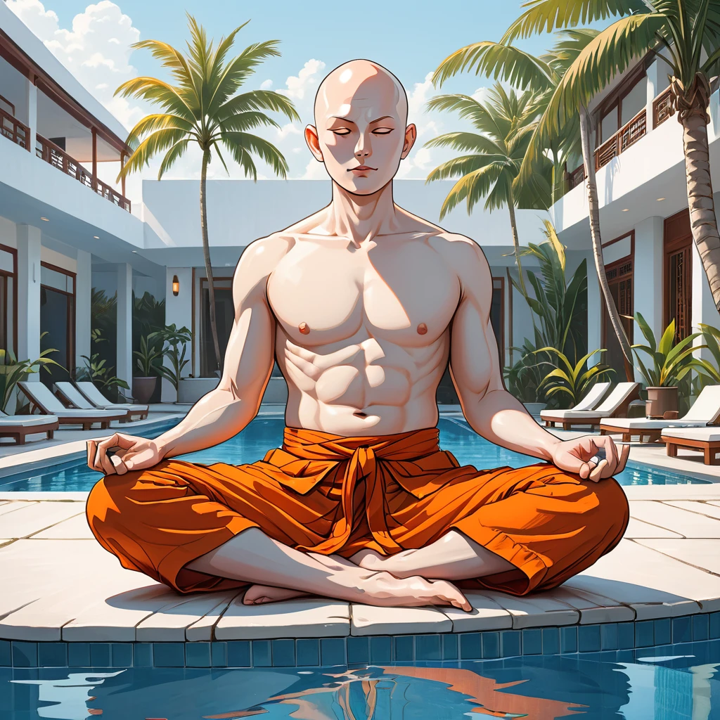 blind Buddhist monk sitting in lotus position next to the pool at the white hotel, tropical, palm, white hotel, pool, round face, white eyes, no eyebrows, no hair, bald, paw-eared, round cheeks, narrow lips, man, white sclera eyes, Whitewash Eyes, ((orange Kashaya)), graphic style of novel comics, perfect hands, 2d,
8k, hyperrealism, masterpiece, high resolution, best quality, ultra-detailed, super realistic, Hyperrealistic art, high-quality, ultra high res, highest detailed, lot of details, Extremely high-resolution details, incredibly lifelike, colourful, soft cinematic light,
