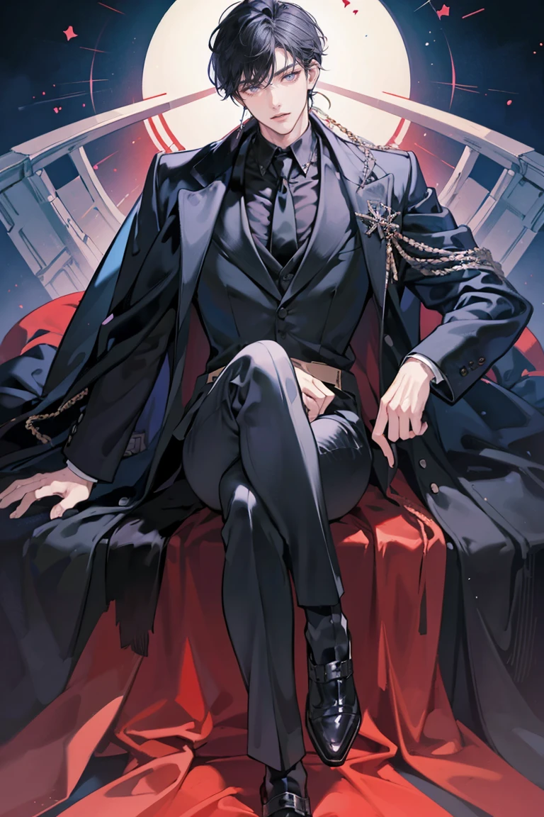 (masterpiece), best quality, seductive eyes, perfect face, handsome man, purple eyes, middle part haircut, short length black hair, black coat, grey suit, black necktie, full body, long legs, anime cover, 1boy, cross ear rings