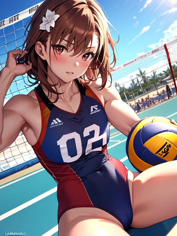 muscle, Beach Volleyball, (masterpiece), highest quality, Misaka Mikoto, 1girl, uhd, retina, masterpiece, ccurate, anatomically correct, textured skin, super detail, high details, high quality, best quality, highres, 4K