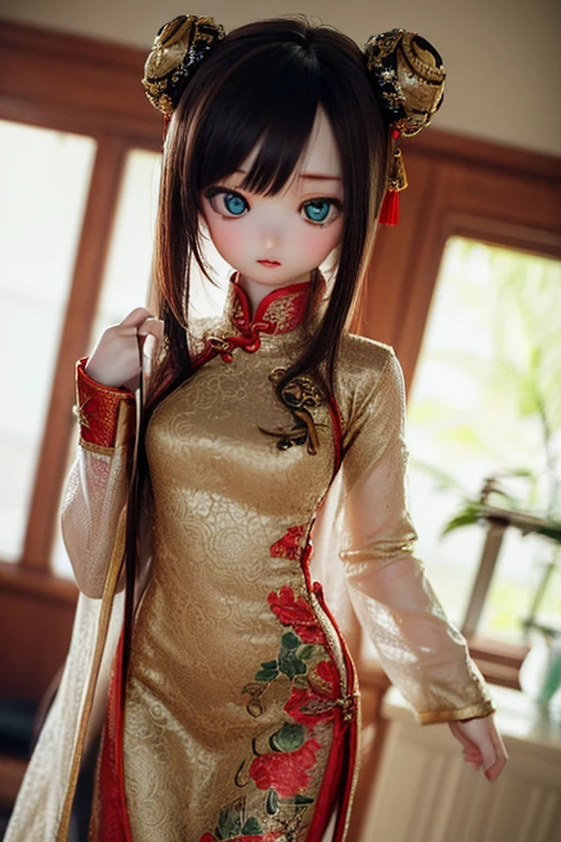 (SFW:2), photorealistic, realistic photo, 8k, ((highest quality)), ((masterpiece)), (extremely detailed), kukolnydom, doll, (1girl, 20yo, 20 years old:1.6), solo, ((cowboy shot, standing, slim, slender, skinny, medium breasts, china dress, qipao, chinese room)), (parted lips, green eyes, brown hair, plastic skin, looking at another, glass eyes, gradient eyes, shining eyes, detailed eyes:1.3)