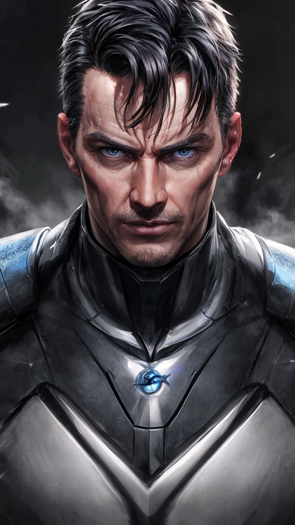 John Barrowman, male supervillain, black hair, blue eyes, smirk, white skin, sexy, (best quality,4k,8k,highres,masterpiece:1.2),ultra-detailed,(realistic,photorealistic,photo-realistic:1.37),superhero,evil,villainous,intense gaze,detailed facial features,dramatic lighting,dark and moody atmosphere,chiaroscuro,cinematic,portrait