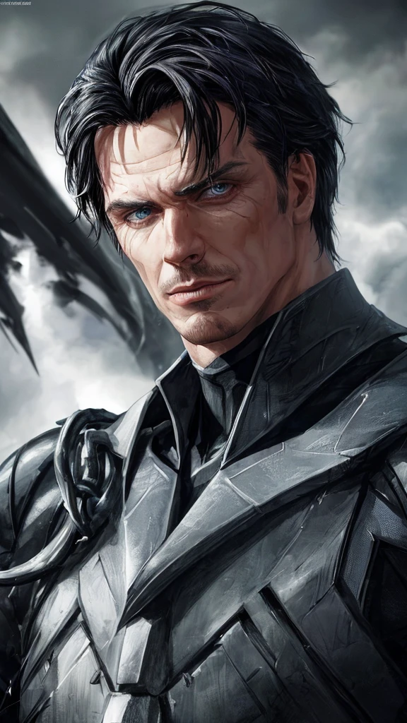 John Barrowman, male supervillain, black hair, blue eyes, smirk, white skin, sexy, (best quality,4k,8k,highres,masterpiece:1.2),ultra-detailed,(realistic,photorealistic,photo-realistic:1.37),superhero,evil,villainous,intense gaze,detailed facial features,dramatic lighting,dark and moody atmosphere,chiaroscuro,cinematic,portrait