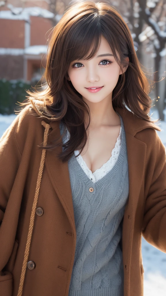 masutepiece, Best Quality, Illustration, Ultra-detailed, finely detail, hight resolution, 8K Wallpaper, Perfect dynamic composition, Beautiful detailed eyes, Winter casual wear,Medium Hair,tiny chest、Natural Color Lip, Bold sexy poses,Smile,Harajuku、20 years girl、Cute、Sexy shot looking at camera