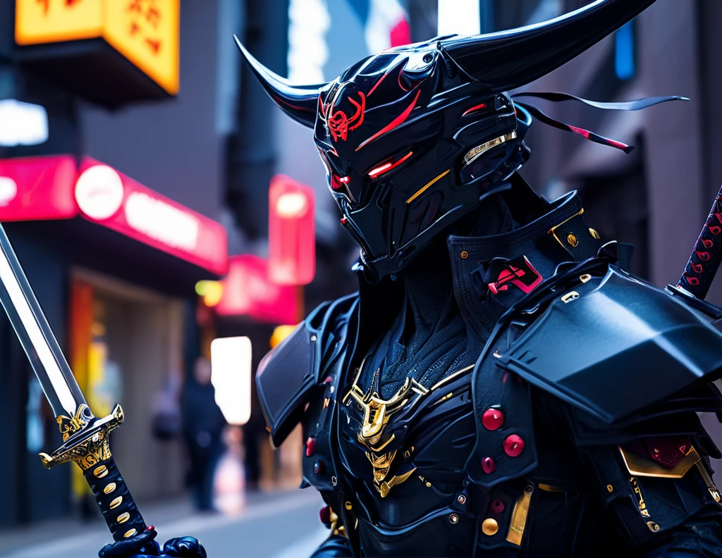 araffe dressed in a black suit holding a sword and a sword, cyborg samurai, cyber japan samurai armor, cyberpunk samurai, very beautiful cyberpunk samurai, full samurai armor spiderman, bio - mechanical ninja samurai, portrait of a cyberpunk samurai, cyber japan style armor, cyber japan armor, celtic and cyberpunk armor, black bull samurai, intricate assasin mecha armor