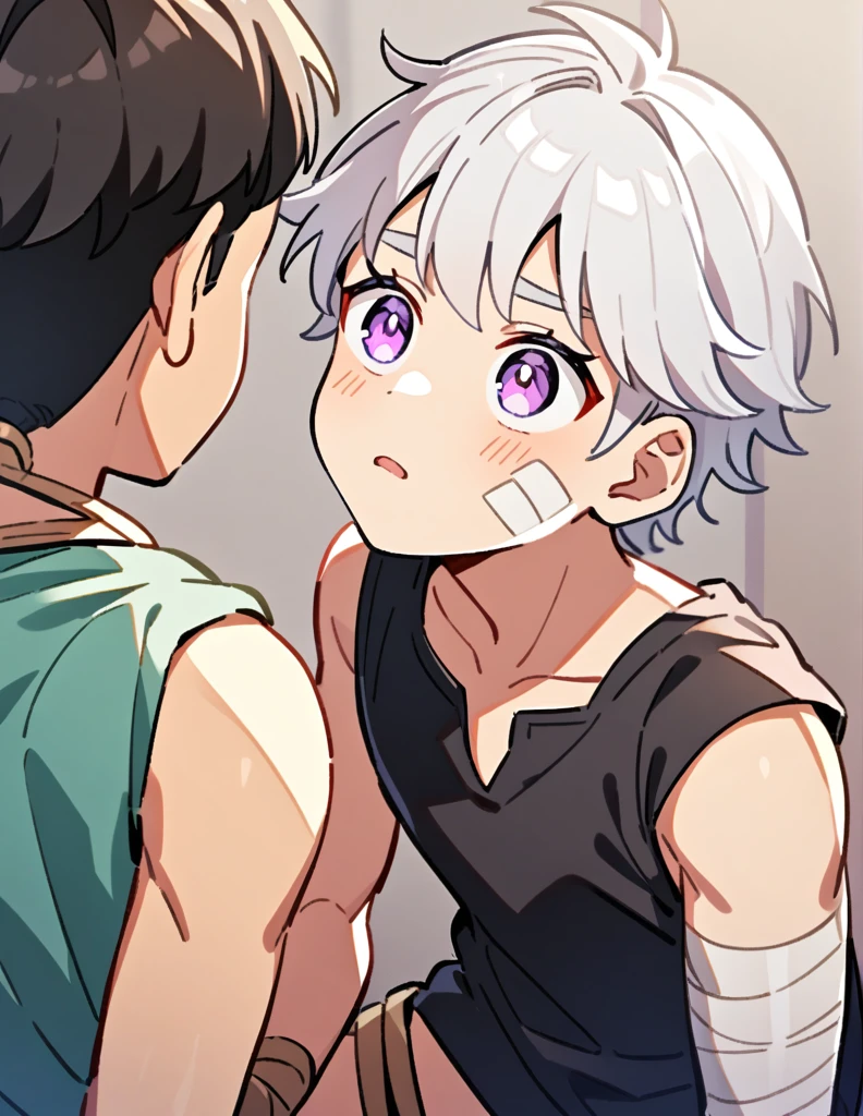 Greek boy wiwhite hair, violet eyes, wearing a black Greek shirt and ancient sandals, with bandages on his cheek and arm, impressed by someone's beauty