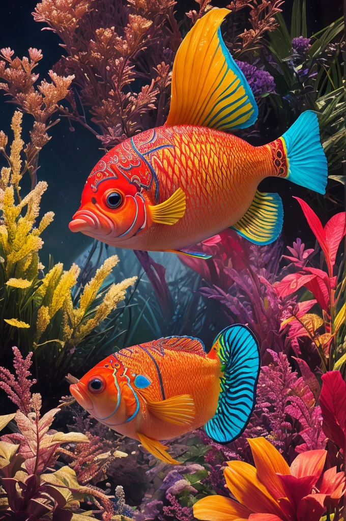 A vibrant 3D illustration of a single One Piece-themed fish, designed with intricate, colorful, and detailed styles similar to the provided images. The fish should have unique, fantastical designs inspired by the One Piece universe, incorporating elements like exaggerated features, bold colors, and intricate patterns. Include dynamic elements such as water splashes and bubbles to create a sense of motion and life. The background should be simple yet effective, featuring subtle hints of underwater elements like bubbles and light rays to highlight the fish without overpowering it.