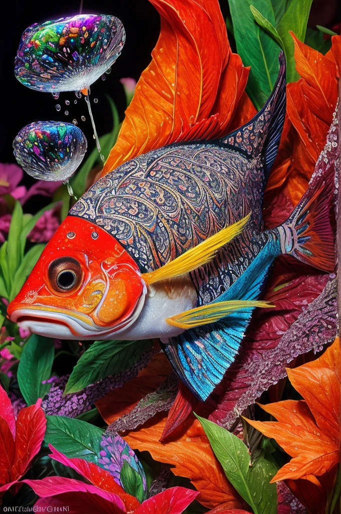 A vibrant 3D illustration of a single One Piece-themed fish, designed with intricate, colorful, and detailed styles similar to the provided images. The fish should have unique, fantastical designs inspired by the One Piece universe, incorporating elements like exaggerated features, bold colors, and intricate patterns. Include dynamic elements such as water splashes and bubbles to create a sense of motion and life. The background should be simple yet effective, featuring subtle hints of underwater elements like bubbles and light rays to highlight the fish without overpowering it.