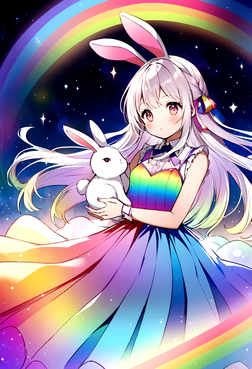 "Create an illustration of a mysterious character holding a white rabbit, She has light-colored hair with ribbons that resemble bunny ears.. Characters are shiny, A rainbow-colored blouse that reflects different colors. The background must be a celestial object, The starry sky transforms into a vibrant rainbow spectrum, Creates a mysterious and magical atmosphere."