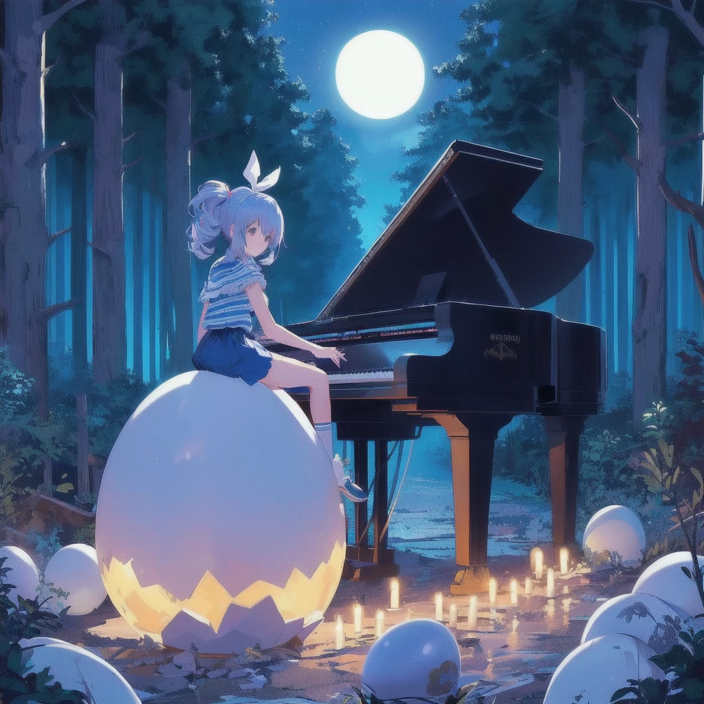 Anime girl playing keyboard under the moonlight on a giant egg,Celeste&#39;s Madeline, Official Artwork, Lofi Art, 80s anime style,official Fan art, Lo-fi Girl, nodded, lofi album art, Promotional Art, Fan art, high quality Fan art, Background artwork, Official Art, Lofi Artstyle, Synth feel, High quality artwork, Chill Hop, Portrait of Rofi