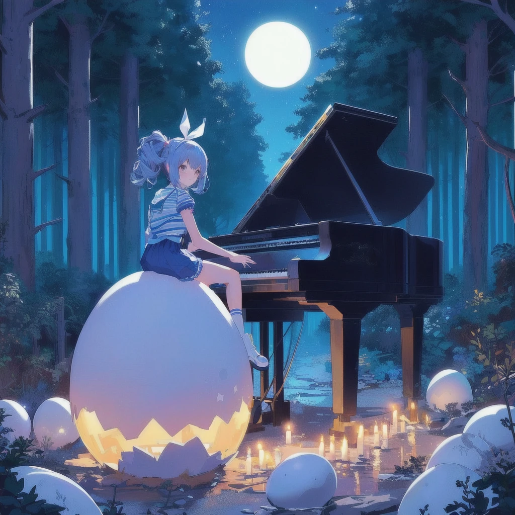 Anime girl playing keyboard under the moonlight on a giant egg,Celeste&#39;s Madeline, Official Artwork, Lofi Art, 80s anime style,official Fan art, Lo-fi Girl, nodded, lofi album art, Promotional Art, Fan art, high quality Fan art, Background artwork, Official Art, Lofi Artstyle, Synth feel, High quality artwork, Chill Hop, Portrait of Rofi
