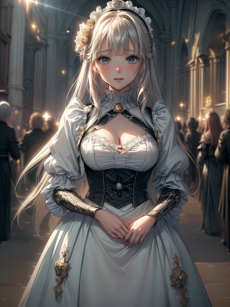 (((Dress Transparent Dress))), (((The dress features a voluminous hoop skirt and a long hem.、A gorgeous, incomparably gorgeous Rococo Victorian gown, Princess style skirt))), (ガウン shine まばゆいばかりに キラキラ 反射する プリズム状 透明 ガウン:1.2), (Gown A very elaborate gown:1.5), ((Huge breasts)), (Expressive hair), Very voluminous、Very long hair, bangs, Super delicate and beautiful face, Beautiful Lips, (Hyper Detail: Delicate and beautiful eyes), Cleavage, Beautiful smile, (((Young Face, Solo Enchanting Adorable Princess, Teenage Girl, pretty girl, very pretty girl))), (Anime Moe Art Style 1.3), (((masterpiece, Super detailed, Highest quality, Ultra-high resolution, Great quality, Exceptional Quality, Super detailed, Ultra-high resolution, Unity 16K, 32k, ultra photo Realistic))), (Face Focus, Eye focus, Realistic, Blurred Background, Lens flare, shine, Light caustic effect:1.5), (Background of the church at night:1.3), 