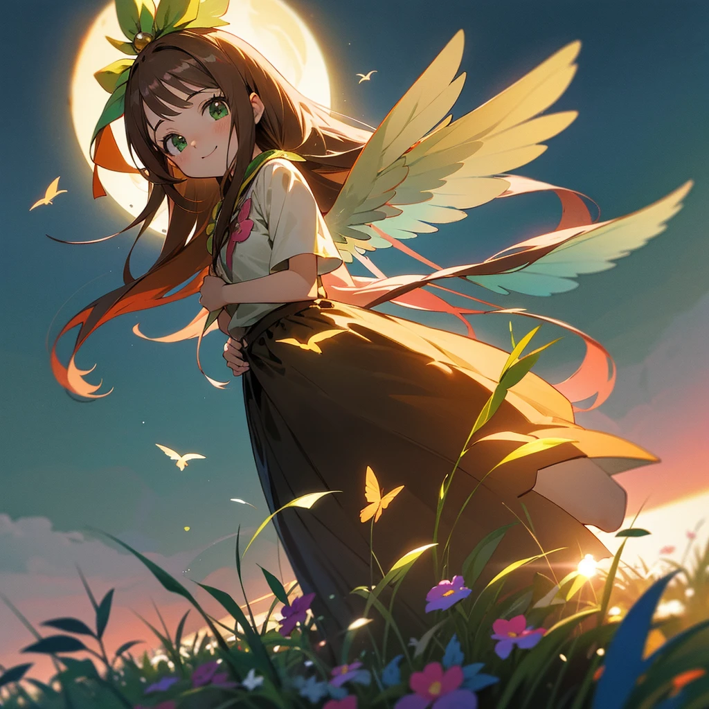 brown hair, long hair, straight hair, kawaii, anime, Cute, hyper quality, highly detailed, full body, 16k, green eyes, wings on the back of body, one girl, nature background, light effects, one brown bird, highlight, flower garden, garden, Front facing, sky, wonderland, fairy tail, Fantastic, Clarity, smile, hair accessory, sun sets