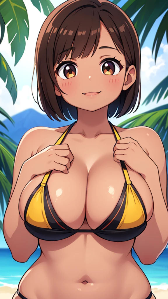 beautiful girl , Beautiful round breasts,In front of the bust,Beautiful upward-facing breasts,G-Cup, Tight waist,Brown Skin,Short Bob,, bikini tops,(((Upper body close-up))),View from the front, Cleavage is clearly visible,Keep your head upright and smile,Photo for ID