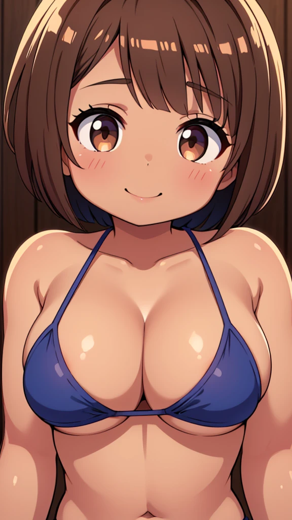 beautiful girl , Beautiful round breasts,In front of the bust,Beautiful upward-facing breasts,G-Cup, Tight waist,Brown Skin,Short Bob,Baby Face, bikini tops,(((Upper body close-up))),View from the front, Cleavage is clearly visible,Keep your head upright and smile,Photo for ID