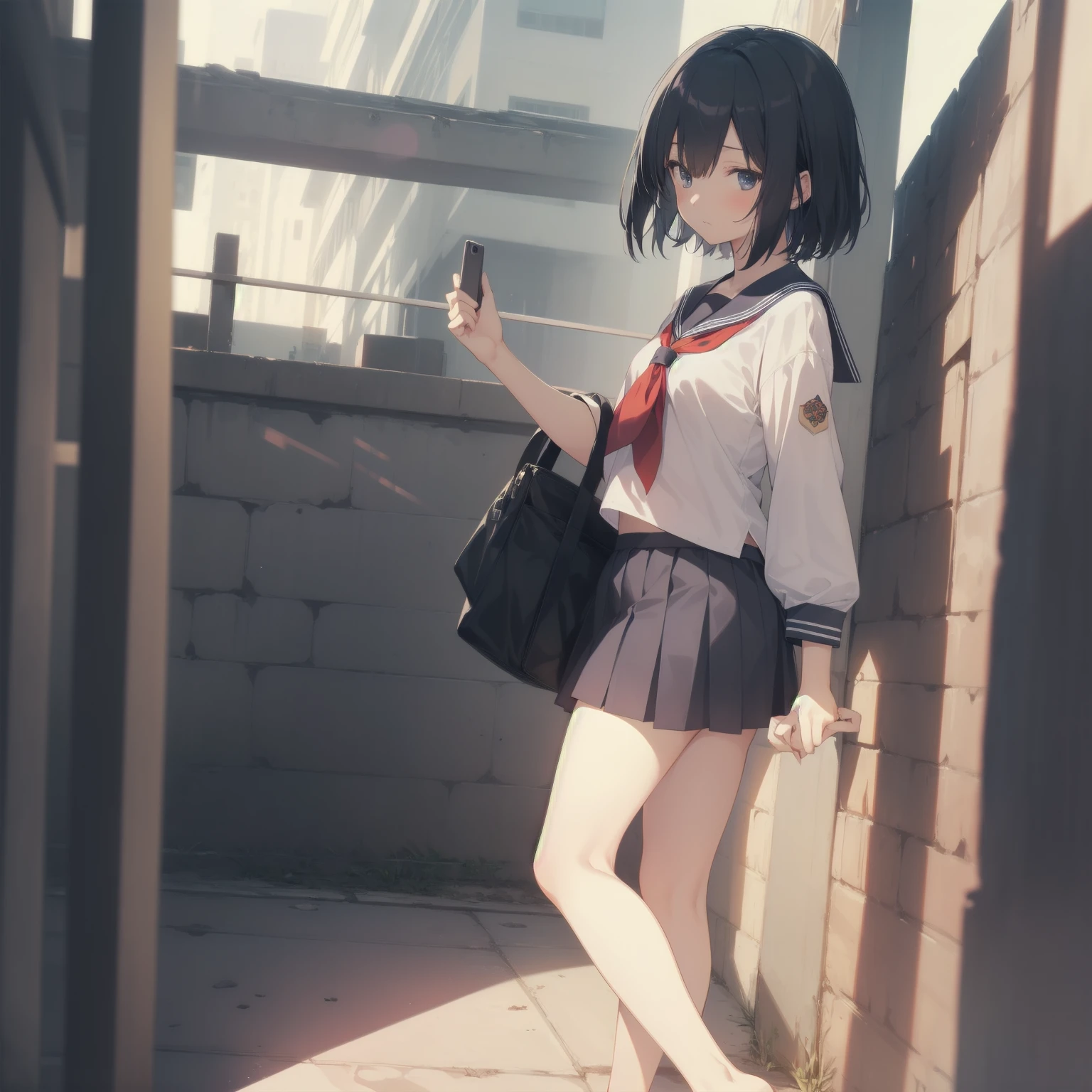 ultra-absurdres-Top quality by artist God, ultra-detailed, high resolution, anime moe artstyle, best anime 8k konachan wallpaper, pixiv contest winner, pool:2810, perfect anatomy,break, 1girl, (Please draw a girl walking sleepily to school alone. )break,(Solo,little female, -yeld:1.Full limbs, complete fingers,a junior hihort hair), short cut, flat chest, , small butt, small black eyes, beautiful detailed eyes, well-proportioned iris and pupils, expressive eyes, highres detailed hair, soft expression, salor school_uniform, sailor collar, serahuku, bow, pleated skirt,(Detailed Lighting), (Detailed background), in the School commute route. break,super detailed skin, Best cinematic lighting powered by famous artist, 8k,beauty illustration,photoshop_(medium),very aesthetic,break,((artist:yamamoto_souichirou )), artist:clamp ,artist:carnelian ,artist:kantoku ,