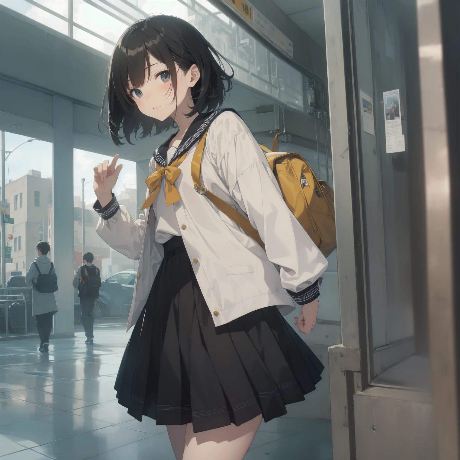 ultra-absurdres-Top quality by artist God, ultra-detailed, high resolution, anime moe artstyle, best anime 8k konachan wallpaper, pixiv contest winner, pool:2810, perfect anatomy,break, 1girl, (Please draw a girl walking sleepily to school alone. )break,(Solo,little female, 13-year-old:1.3),Full limbs, complete fingers,a junior high school student, (very short hair), short cut, flat chest, , small butt, small black eyes, beautiful detailed eyes, well-proportioned iris and pupils, expressive eyes, highres detailed hair, soft expression, salor school_uniform, sailor collar, serahuku, bow, pleated skirt,(Detailed Lighting), (Detailed background), in the School commute route. break,super detailed skin, Best cinematic lighting powered by famous artist, 8k,beauty illustration,photoshop_(medium),very aesthetic,break,((artist:yamamoto_souichirou )), artist:clamp ,artist:carnelian ,artist:kantoku ,
