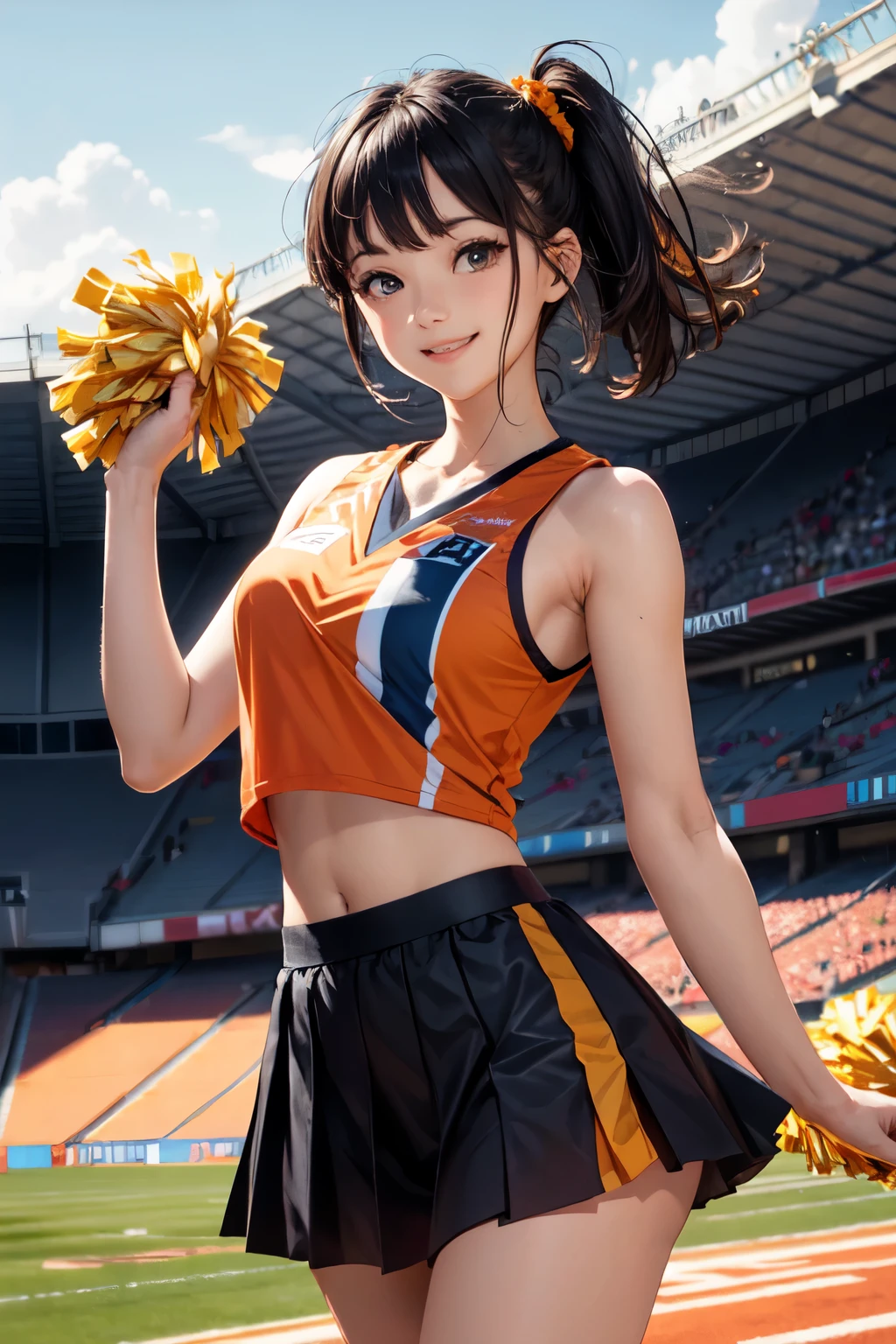 very cute and beautiful cheerleader girl,(highly detailed beautiful face),(holding pom poms:1.1),(smile:1.3),happy, (stadium stands),cowboy shot,dynamic pose,(sleeveless orange cheerleader shirt),beautiful legs, looking at viewer,black hair,hair band, (best quality,masterpiece),absurdres,highres,ultra-detailed,extremely detailed,32k,8k resolution, intricate details,cinematic scene,detailed background,solo,dynamic angle, hair fluttering in the wind,beautiful detailed sky,