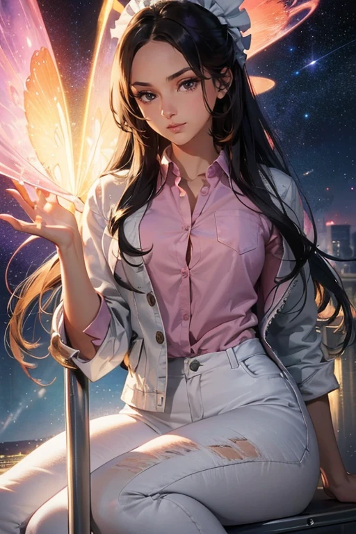 masterpiece, best quality, masterpiece, godlike quality, godlike art, highly detailed face, full body, highly realistic, cute, young girl, big eyes, long eyelashes, multicolored hair, multicolored eyes, shiny skin, full lips, big lips, shiny skin, blushing, magnificent view, in space, starry background, stars, shining light, multicolored light, maid costume   masterpiece, ultra quality, Beautiful detailed, extremely detailed,16K, exquisite, highres, Beautiful background, Beautiful eye, Beautiful skin, anime style, Kaori seducing viewers in a sexy way in the downtown area at night, (She is wearing a white denim jacket over a pink shirt., blue jeans trousers), (face focus, Close-up), 1 girl, alone, 27 years old, (cheeky pose), woman&#39;s whole body, complete diagram, anger, blush, ecstatic expression, , charm的な, charm, (Muscular female slender body, clavicle, beautiful big breasts, Beautifully chiseled abs, beautiful long legs), cleavage, perfect anatomy, sweaty, It&#39;s hard to breathe, vapor, looking at the viewer, perfect quality, good quality, masterpiece, HDR, UHD,