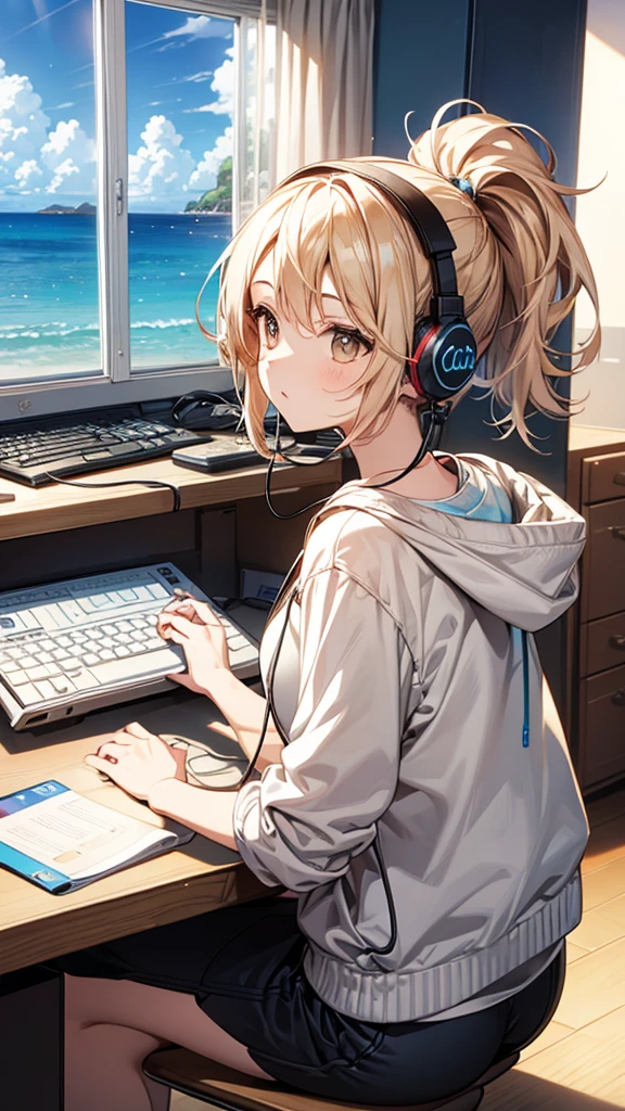 Background sandy beach Large windows Landscape Put the headphones on your head、Listening to music playing from a computer pretty girl ponytail