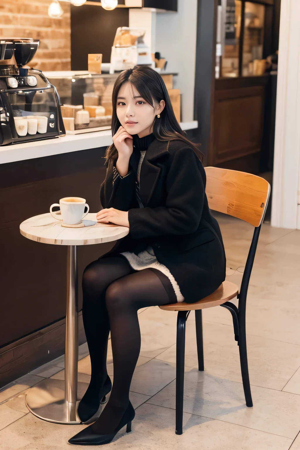 high quality,16K:1.1),(, Woman sitting on a chair in a coffee shop)(Full Body Shot:1.2),Black Hair、hat、ear piercing、smile、Beautiful teeth alignment、((coat、sweater、Knee-length skirt、tights、pumps)), ,(View your viewers:1.3),Coffee shop on background
