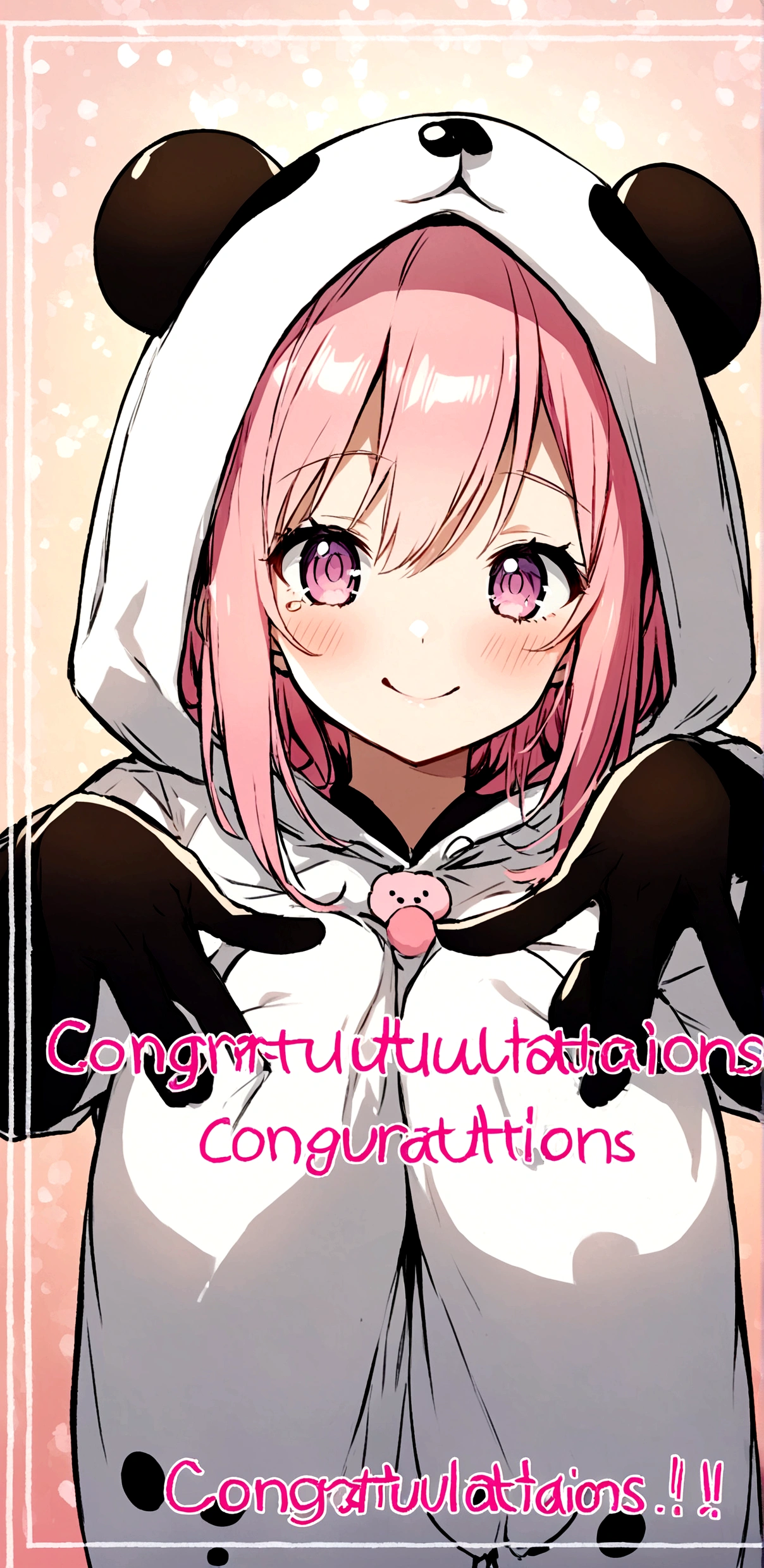 anime、Girl in panda costume、Pink Hair、Pink Eyeole under the eye、Cute pose、Congratulations