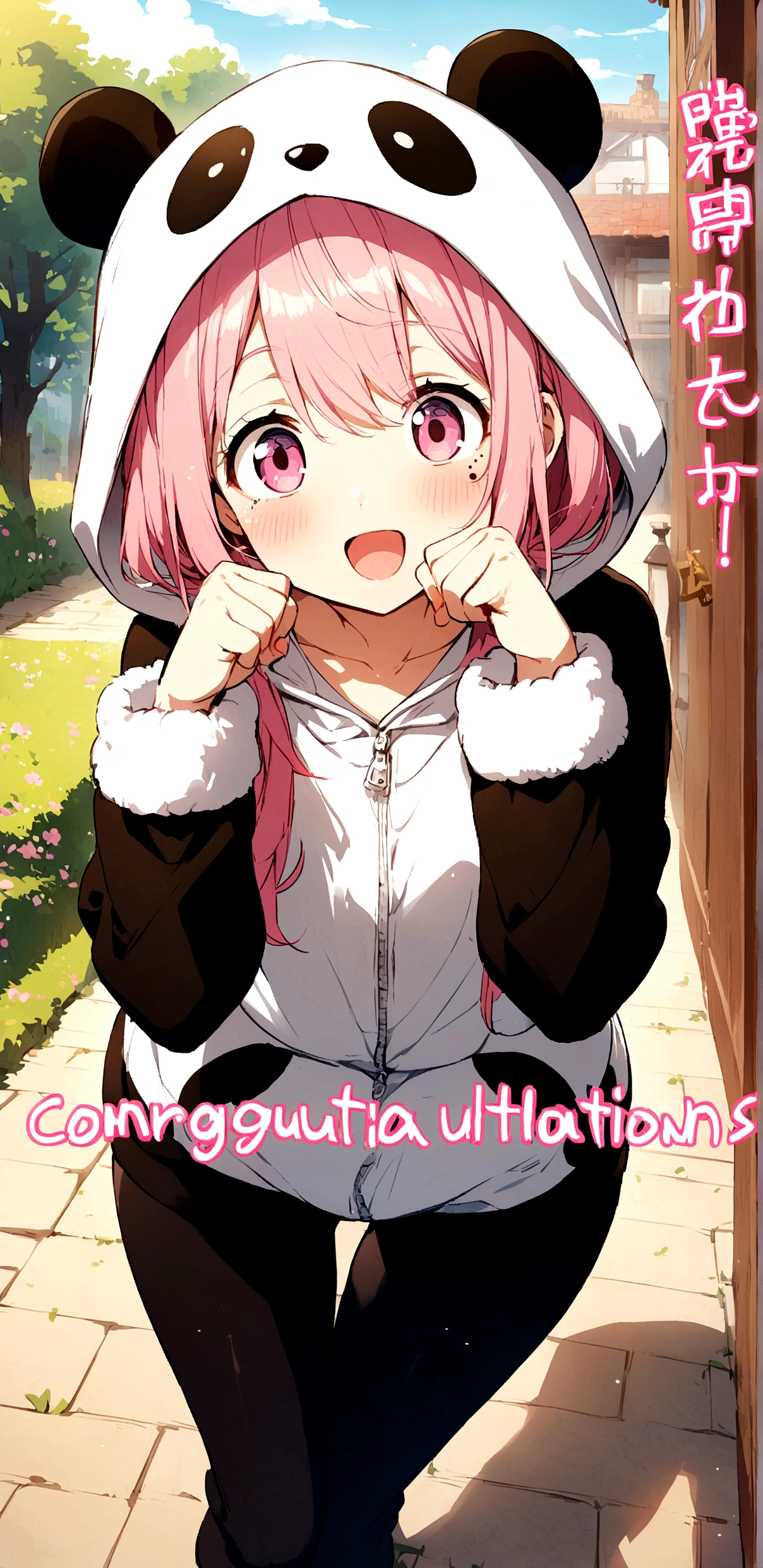 anime、Girl in panda costume、Pink Hair、Pink Eyeole under the eye、Cute pose、Congratulations