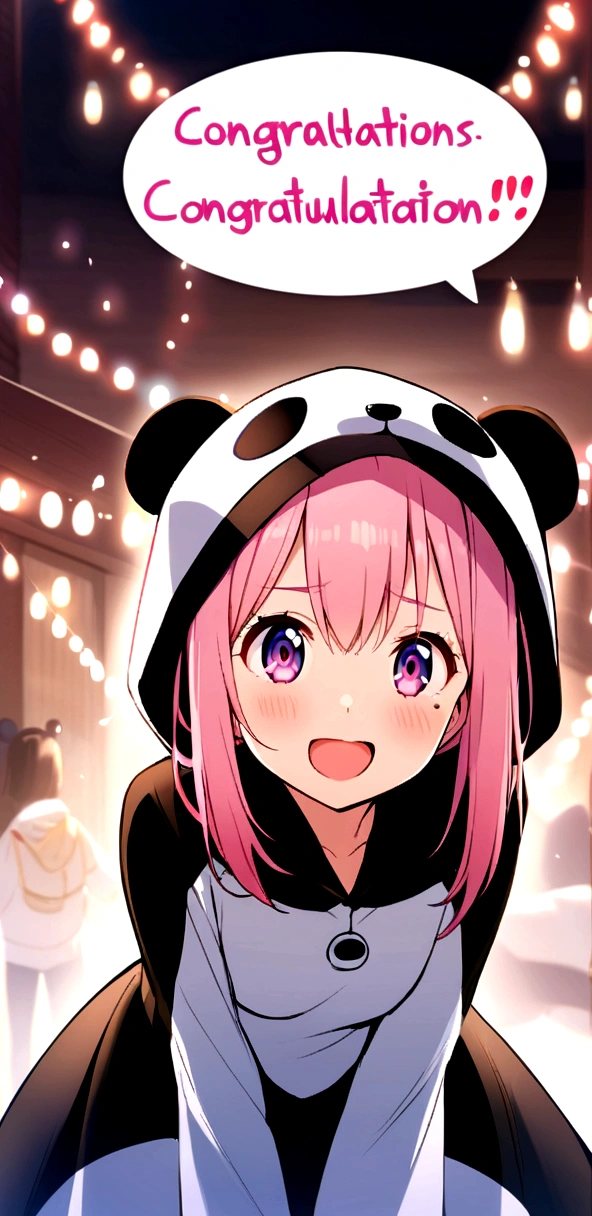 anime、Girl in panda costume、Pink Hair、Pink Eyeole under the eye、Cute pose、Congratulations