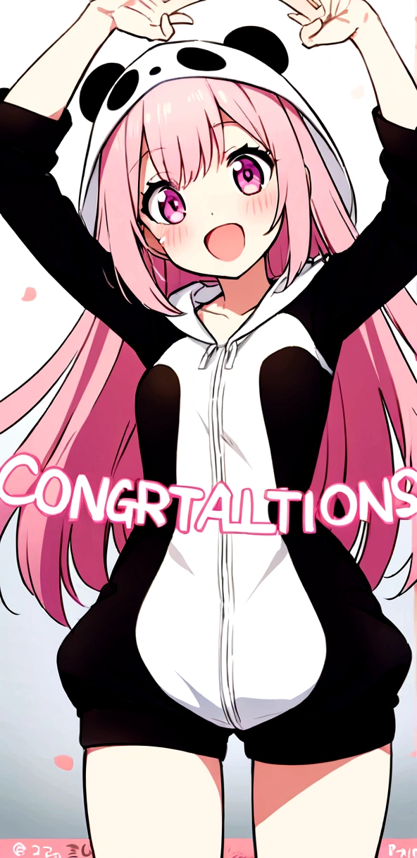 anime、Girl in panda costume、Pink Hair、Pink Eyeole under the eye、Cute pose、Congratulations