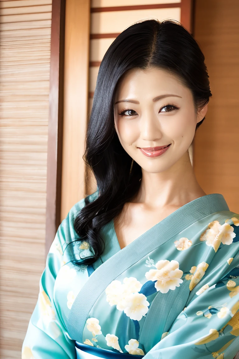 (最high quality、Tabletop、8K、Best image quality、Award-winning works)、(一人のbeautiful成熟した女性:1.1)、Adult face、(Innkeeper:1.1)、(Elegant floral kimono:1.2)、(V-neck kimono:1.2)、Perfect mature woman portrait photo、Glowing Skin、Standing Elegantly、(Blurred elegant and exquisite perfect Japanese style room background:1.3)、(The most natural and perfect tidy Japanese style room background:1.2)、Glowing White Skin、Very white skin、(Accentuate your body lines:1.1)、(The most graceful posture:1.2)、(Large Breasts:1.2)、A perfect smile、完璧なbeautiful光沢のある唇、(Accurate anatomy:1.2)、(Standing with good posture:1.1)、(beautiful, high quality, Large kimono obi:1.2)、(完璧で自然なbeautiful袖:1.2)、(Chignon:1.1)、(Close-up of face:1.3)、(V-neck kimonoから胸の谷間を露出する:1.2)