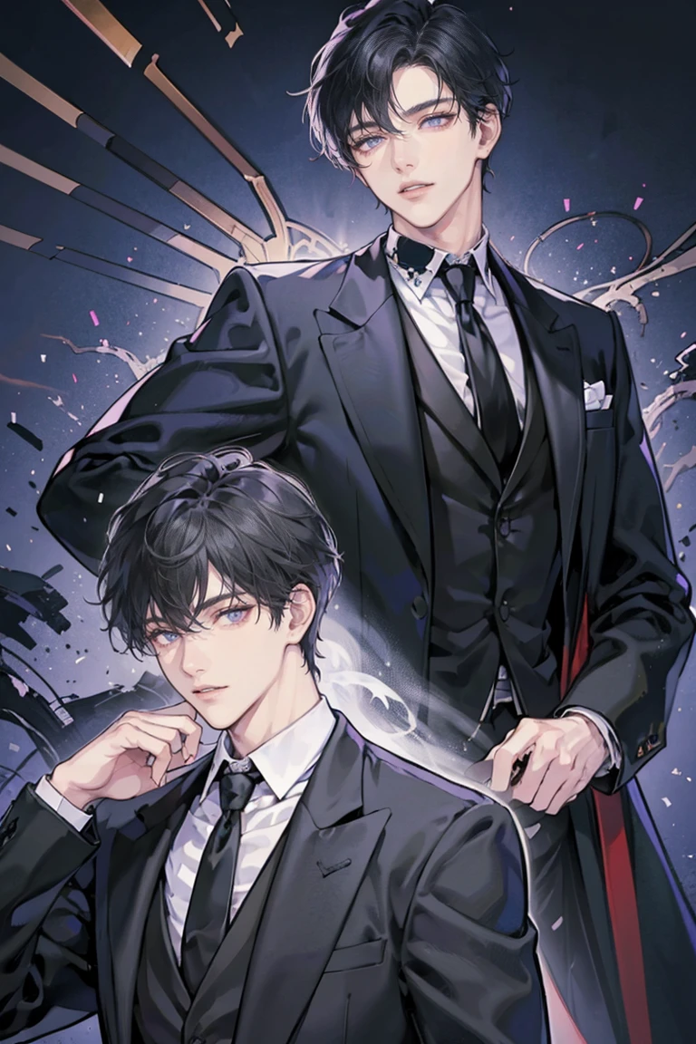 (masterpiece), best quality, seductive eyes, perfect face, handsome man, purple eyes, middle part haircut, short length black hair, black coat, grey suit, black necktie, full body, long legs, anime cover, 1boy, cross ear rings